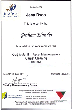 Jena Dyco Certification for Elander Carpet Cleaning