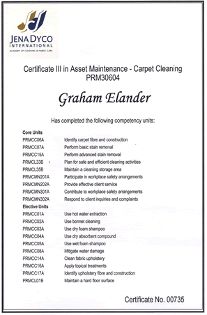 Jena Dyco Certification for Elander Carpet Cleaning